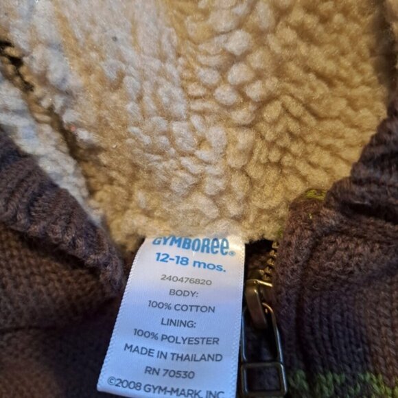 Gymboree boys size 12-18 months green and brown knit sweater fuzzy lined hood - Picture 3 of 3